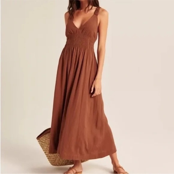 Abercrombie & Fitch asymmetrical scrunchie strap maxi dress in rust Sz L - Picture 2 of 5